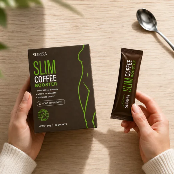 Packung SlimQA Slim Coffee Booster mit 30 Sticks in der Hand gehalten